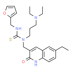 ChemSpider 2D Image | 1-[3-(Diethylamino)propyl]-1-[(6-ethyl-2-oxo-1,2-dihydro-3-quinolinyl)methyl]-3-(2-furylmethyl)thiourea | C25H34N4O2S