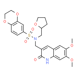 ChemSpider 2D Image | N-[(6,7-Dimethoxy-2-oxo-1,2-dihydro-3-quinolinyl)methyl]-N-(tetrahydro-2-furanylmethyl)-2,3-dihydro-1,4-benzodioxine-6-sulfonamide | C25H28N2O8S
