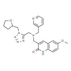 ChemSpider 2D Image | 6-Methoxy-3-{[(3-pyridinylmethyl){[1-(tetrahydro-2-furanylmethyl)-1H-tetrazol-5-yl]methyl}amino]methyl}-2(1H)-quinolinone | C24H27N7O3