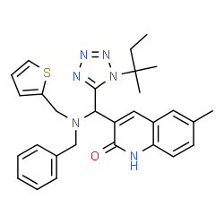 ChemSpider 2D Image | 3-{[Benzyl(2-thienylmethyl)amino][1-(2-methyl-2-butanyl)-1H-tetrazol-5-yl]methyl}-6-methyl-2(1H)-quinolinone | C29H32N6OS