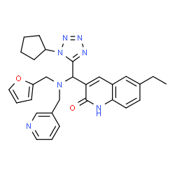 ChemSpider 2D Image | 3-{(1-Cyclopentyl-1H-tetrazol-5-yl)[(2-furylmethyl)(3-pyridinylmethyl)amino]methyl}-6-ethyl-2(1H)-quinolinone | C29H31N7O2