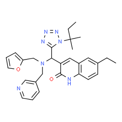 ChemSpider 2D Image | 6-Ethyl-3-{[(2-furylmethyl)(3-pyridinylmethyl)amino][1-(2-methyl-2-butanyl)-1H-tetrazol-5-yl]methyl}-2(1H)-quinolinone | C29H33N7O2