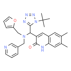 ChemSpider 2D Image | 3-{[(2-Furylmethyl)(3-pyridinylmethyl)amino][1-(2-methyl-2-propanyl)-1H-tetrazol-5-yl]methyl}-6,7-dimethyl-2(1H)-quinolinone | C28H31N7O2
