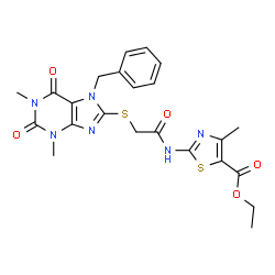 ChemSpider 2D Image | Ethyl 2-({[(7-benzyl-1,3-dimethyl-2,6-dioxo-2,3,6,7-tetrahydro-1H-purin-8-yl)sulfanyl]acetyl}amino)-4-methyl-1,3-thiazole-5-carboxylate | C23H24N6O5S2