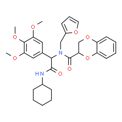 ChemSpider 2D Image | N-[2-(Cyclohexylamino)-2-oxo-1-(3,4,5-trimethoxyphenyl)ethyl]-N-(2-furylmethyl)-2,3-dihydro-1,4-benzodioxine-2-carboxamide | C31H36N2O8
