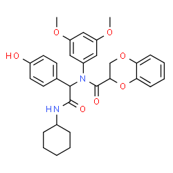 ChemSpider 2D Image | N-[2-(Cyclohexylamino)-1-(4-hydroxyphenyl)-2-oxoethyl]-N-(3,5-dimethoxyphenyl)-2,3-dihydro-1,4-benzodioxine-2-carboxamide | C31H34N2O7