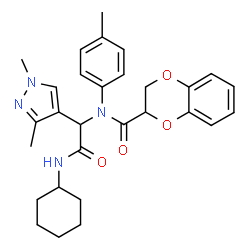ChemSpider 2D Image | N-[2-(Cyclohexylamino)-1-(1,3-dimethyl-1H-pyrazol-4-yl)-2-oxoethyl]-N-(4-methylphenyl)-2,3-dihydro-1,4-benzodioxine-2-carboxamide | C29H34N4O4