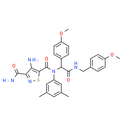 ChemSpider 2D Image | 4-Amino-N~5~-(3,5-dimethylphenyl)-N~5~-{2-[(4-methoxybenzyl)amino]-1-(4-methoxyphenyl)-2-oxoethyl}-1,2-thiazole-3,5-dicarboxamide | C30H31N5O5S