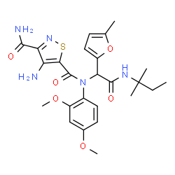ChemSpider 2D Image | 4-Amino-N~5~-(2,4-dimethoxyphenyl)-N~5~-{2-[(2-methyl-2-butanyl)amino]-1-(5-methyl-2-furyl)-2-oxoethyl}-1,2-thiazole-3,5-dicarboxamide | C25H31N5O6S
