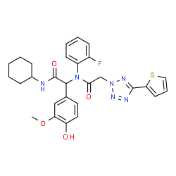 ChemSpider 2D Image | N-[2-(Cyclohexylamino)-1-(4-hydroxy-3-methoxyphenyl)-2-oxoethyl]-N-(2-fluorophenyl)-2-[5-(2-thienyl)-2H-tetrazol-2-yl]acetamide | C28H29FN6O4S