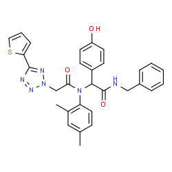 ChemSpider 2D Image | N-[2-(Benzylamino)-1-(4-hydroxyphenyl)-2-oxoethyl]-N-(2,4-dimethylphenyl)-2-[5-(2-thienyl)-2H-tetrazol-2-yl]acetamide | C30H28N6O3S