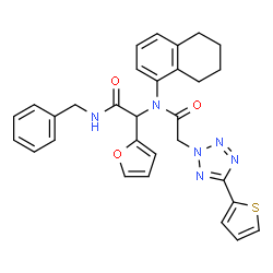 ChemSpider 2D Image | N-[2-(Benzylamino)-1-(2-furyl)-2-oxoethyl]-N-(5,6,7,8-tetrahydro-1-naphthalenyl)-2-[5-(2-thienyl)-2H-tetrazol-2-yl]acetamide | C30H28N6O3S