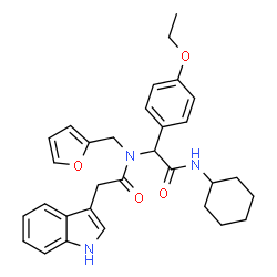 ChemSpider 2D Image | N-[2-(Cyclohexylamino)-1-(4-ethoxyphenyl)-2-oxoethyl]-N-(2-furylmethyl)-2-(1H-indol-3-yl)acetamide | C31H35N3O4