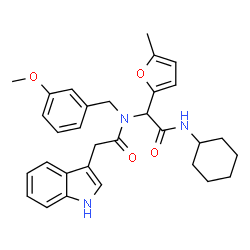 ChemSpider 2D Image | N-[2-(Cyclohexylamino)-1-(5-methyl-2-furyl)-2-oxoethyl]-2-(1H-indol-3-yl)-N-(3-methoxybenzyl)acetamide | C31H35N3O4