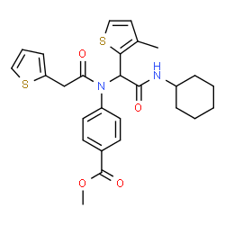ChemSpider 2D Image | Methyl 4-{[2-(cyclohexylamino)-1-(3-methyl-2-thienyl)-2-oxoethyl](2-thienylacetyl)amino}benzoate | C27H30N2O4S2