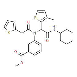 ChemSpider 2D Image | Methyl 3-{[2-(cyclohexylamino)-1-(3-methyl-2-thienyl)-2-oxoethyl](2-thienylacetyl)amino}benzoate | C27H30N2O4S2