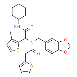 ChemSpider 2D Image | N-(1,3-Benzodioxol-5-ylmethyl)-N-[2-(cyclohexylamino)-1-(3-methyl-2-thienyl)-2-oxoethyl]-2-(2-thienyl)acetamide | C27H30N2O4S2