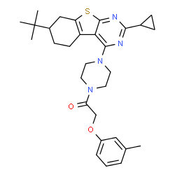 ChemSpider 2D Image | 1-{4-[2-Cyclopropyl-7-(2-methyl-2-propanyl)-5,6,7,8-tetrahydro[1]benzothieno[2,3-d]pyrimidin-4-yl]-1-piperazinyl}-2-(3-methylphenoxy)ethanone | C30H38N4O2S