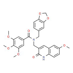 ChemSpider 2D Image | N-(1,3-Benzodioxol-5-ylmethyl)-3,4,5-trimethoxy-N-[(6-methoxy-2-oxo-1,2-dihydro-3-quinolinyl)methyl]benzamide | C29H28N2O8