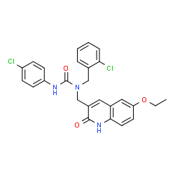 ChemSpider 2D Image | 1-(2-Chlorobenzyl)-3-(4-chlorophenyl)-1-[(6-ethoxy-2-oxo-1,2-dihydro-3-quinolinyl)methyl]urea | C26H23Cl2N3O3