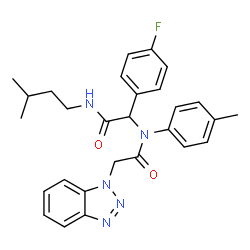 ChemSpider 2D Image | 2-(1H-Benzotriazol-1-yl)-N-{1-(4-fluorophenyl)-2-[(3-methylbutyl)amino]-2-oxoethyl}-N-(4-methylphenyl)acetamide | C28H30FN5O2