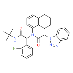 ChemSpider 2D Image | 2-(1H-Benzotriazol-1-yl)-N-{1-(2-fluorophenyl)-2-[(2-methyl-2-propanyl)amino]-2-oxoethyl}-N-(5,6,7,8-tetrahydro-1-naphthalenyl)acetamide | C30H32FN5O2
