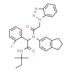 ChemSpider 2D Image | 2-(1H-Benzotriazol-1-yl)-N-(2,3-dihydro-1H-inden-5-yl)-N-{1-(2-fluorophenyl)-2-[(2-methyl-2-butanyl)amino]-2-oxoethyl}acetamide | C30H32FN5O2