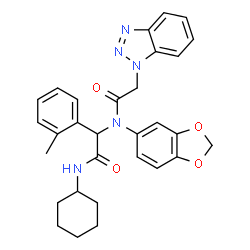 ChemSpider 2D Image | N-(1,3-Benzodioxol-5-yl)-2-(1H-benzotriazol-1-yl)-N-[2-(cyclohexylamino)-1-(2-methylphenyl)-2-oxoethyl]acetamide | C30H31N5O4