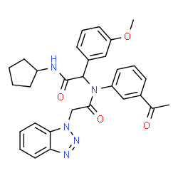ChemSpider 2D Image | N-(3-Acetylphenyl)-2-(1H-benzotriazol-1-yl)-N-[2-(cyclopentylamino)-1-(3-methoxyphenyl)-2-oxoethyl]acetamide | C30H31N5O4