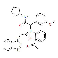 ChemSpider 2D Image | N-(2-Acetylphenyl)-2-(1H-benzotriazol-1-yl)-N-[2-(cyclopentylamino)-1-(3-methoxyphenyl)-2-oxoethyl]acetamide | C30H31N5O4