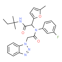 ChemSpider 2D Image | 2-(1H-Benzotriazol-1-yl)-N-(3-fluorophenyl)-N-{2-[(2-methyl-2-butanyl)amino]-1-(5-methyl-2-furyl)-2-oxoethyl}acetamide | C26H28FN5O3