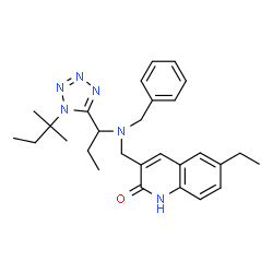 ChemSpider 2D Image | 3-[(Benzyl{1-[1-(2-methyl-2-butanyl)-1H-tetrazol-5-yl]propyl}amino)methyl]-6-ethyl-2(1H)-quinolinone | C28H36N6O
