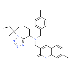 ChemSpider 2D Image | 7-Methyl-3-{[(4-methylbenzyl){1-[1-(2-methyl-2-butanyl)-1H-tetrazol-5-yl]propyl}amino]methyl}-2(1H)-quinolinone | C28H36N6O