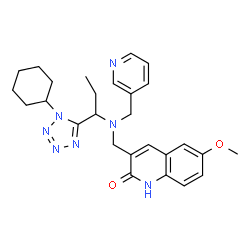 ChemSpider 2D Image | 3-({[1-(1-Cyclohexyl-1H-tetrazol-5-yl)propyl](3-pyridinylmethyl)amino}methyl)-6-methoxy-2(1H)-quinolinone | C27H33N7O2