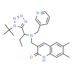 ChemSpider 2D Image | 6,7-Dimethyl-3-{[{1-[1-(2-methyl-2-propanyl)-1H-tetrazol-5-yl]propyl}(3-pyridinylmethyl)amino]methyl}-2(1H)-quinolinone | C26H33N7O