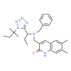 ChemSpider 2D Image | 3-[(Benzyl{1-[1-(2-methyl-2-butanyl)-1H-tetrazol-5-yl]propyl}amino)methyl]-6,7-dimethyl-2(1H)-quinolinone | C28H36N6O