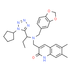 ChemSpider 2D Image | 3-({(1,3-Benzodioxol-5-ylmethyl)[1-(1-cyclopentyl-1H-tetrazol-5-yl)propyl]amino}methyl)-6,7-dimethyl-2(1H)-quinolinone | C29H34N6O3