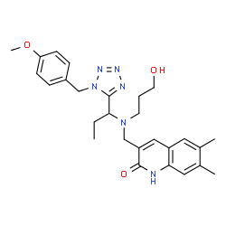 ChemSpider 2D Image | 3-{[(3-Hydroxypropyl){1-[1-(4-methoxybenzyl)-1H-tetrazol-5-yl]propyl}amino]methyl}-6,7-dimethyl-2(1H)-quinolinone | C27H34N6O3