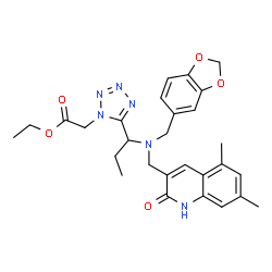 ChemSpider 2D Image | Ethyl [5-(1-{(1,3-benzodioxol-5-ylmethyl)[(5,7-dimethyl-2-oxo-1,2-dihydro-3-quinolinyl)methyl]amino}propyl)-1H-tetrazol-1-yl]acetate | C28H32N6O5