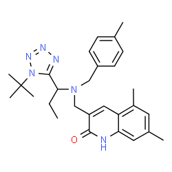 ChemSpider 2D Image | 5,7-Dimethyl-3-{[(4-methylbenzyl){1-[1-(2-methyl-2-propanyl)-1H-tetrazol-5-yl]propyl}amino]methyl}-2(1H)-quinolinone | C28H36N6O