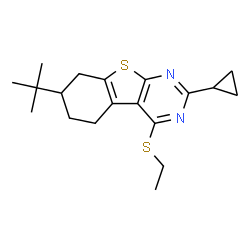 ChemSpider 2D Image | 2-Cyclopropyl-4-(ethylsulfanyl)-7-(2-methyl-2-propanyl)-5,6,7,8-tetrahydro[1]benzothieno[2,3-d]pyrimidine | C19H26N2S2