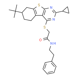 ChemSpider 2D Image | 2-{[2-Cyclopropyl-7-(2-methyl-2-propanyl)-5,6,7,8-tetrahydro[1]benzothieno[2,3-d]pyrimidin-4-yl]sulfanyl}-N-(2-phenylethyl)acetamide | C27H33N3OS2
