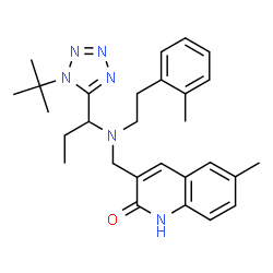 ChemSpider 2D Image | 6-Methyl-3-[([2-(2-methylphenyl)ethyl]{1-[1-(2-methyl-2-propanyl)-1H-tetrazol-5-yl]propyl}amino)methyl]-2(1H)-quinolinone | C28H36N6O