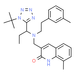 ChemSpider 2D Image | 8-Methyl-3-[([2-(3-methylphenyl)ethyl]{1-[1-(2-methyl-2-propanyl)-1H-tetrazol-5-yl]propyl}amino)methyl]-2(1H)-quinolinone | C28H36N6O