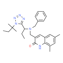 ChemSpider 2D Image | 3-[(Benzyl{1-[1-(2-methyl-2-butanyl)-1H-tetrazol-5-yl]propyl}amino)methyl]-6,8-dimethyl-2(1H)-quinolinone | C28H36N6O