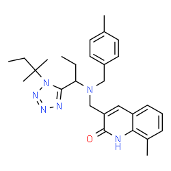 ChemSpider 2D Image | 8-Methyl-3-{[(4-methylbenzyl){1-[1-(2-methyl-2-butanyl)-1H-tetrazol-5-yl]propyl}amino]methyl}-2(1H)-quinolinone | C28H36N6O