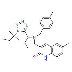 ChemSpider 2D Image | 6-Methyl-3-{[(4-methylbenzyl){1-[1-(2-methyl-2-butanyl)-1H-tetrazol-5-yl]propyl}amino]methyl}-2(1H)-quinolinone | C28H36N6O