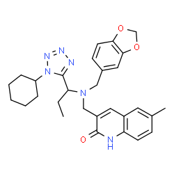 ChemSpider 2D Image | 3-({(1,3-Benzodioxol-5-ylmethyl)[1-(1-cyclohexyl-1H-tetrazol-5-yl)propyl]amino}methyl)-6-methyl-2(1H)-quinolinone | C29H34N6O3