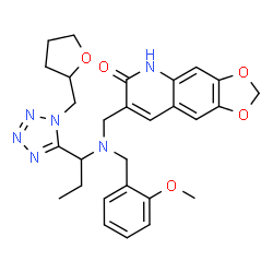 ChemSpider 2D Image | 7-{[(2-Methoxybenzyl){1-[1-(tetrahydro-2-furanylmethyl)-1H-tetrazol-5-yl]propyl}amino]methyl}[1,3]dioxolo[4,5-g]quinolin-6(5H)-one | C28H32N6O5