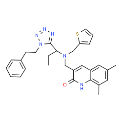 ChemSpider 2D Image | 6,8-Dimethyl-3-{[{1-[1-(2-phenylethyl)-1H-tetrazol-5-yl]propyl}(2-thienylmethyl)amino]methyl}-2(1H)-quinolinone | C29H32N6OS